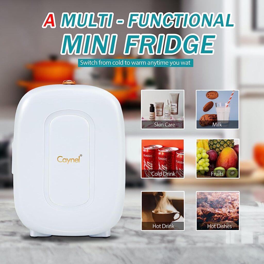 CAYNEL Mini Fridge Portable Thermoelectric 4L/6 Can AC/DC Cooler and Warmer for Skincare,Food,Beverage,Beauty  Makeup small Feidge for Bedroom,Car and Office (White)