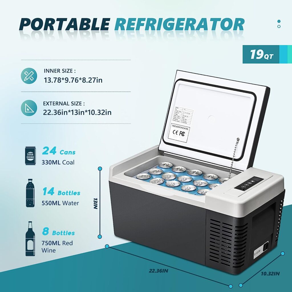 EUHOMY 12 Volt Refrigerator,19QT(18L) Portable Refrigerator Freezer(-7â~50â),12V Car Fridge Cooler with 12/24V DC  110-240V AC,Compressor Electric Cooler for Camping,RV,Travel,Truck,Boat,Home.