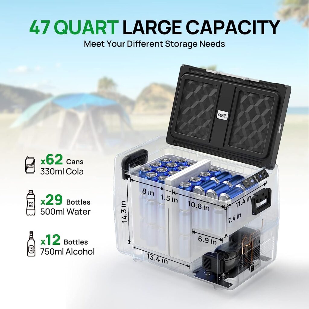 F40C4TMP 12 Volt Portable Refrigerator, 47 Quart Dual Zone Car Freezer With Independent Temperature Control, -4â to 50â, 45L Compressor Fridge For Camping, Travel, Road Trip, Vehicle, Car, Truck, Van, RV, Outdoor and Home, 12V/24V DC  110V AC