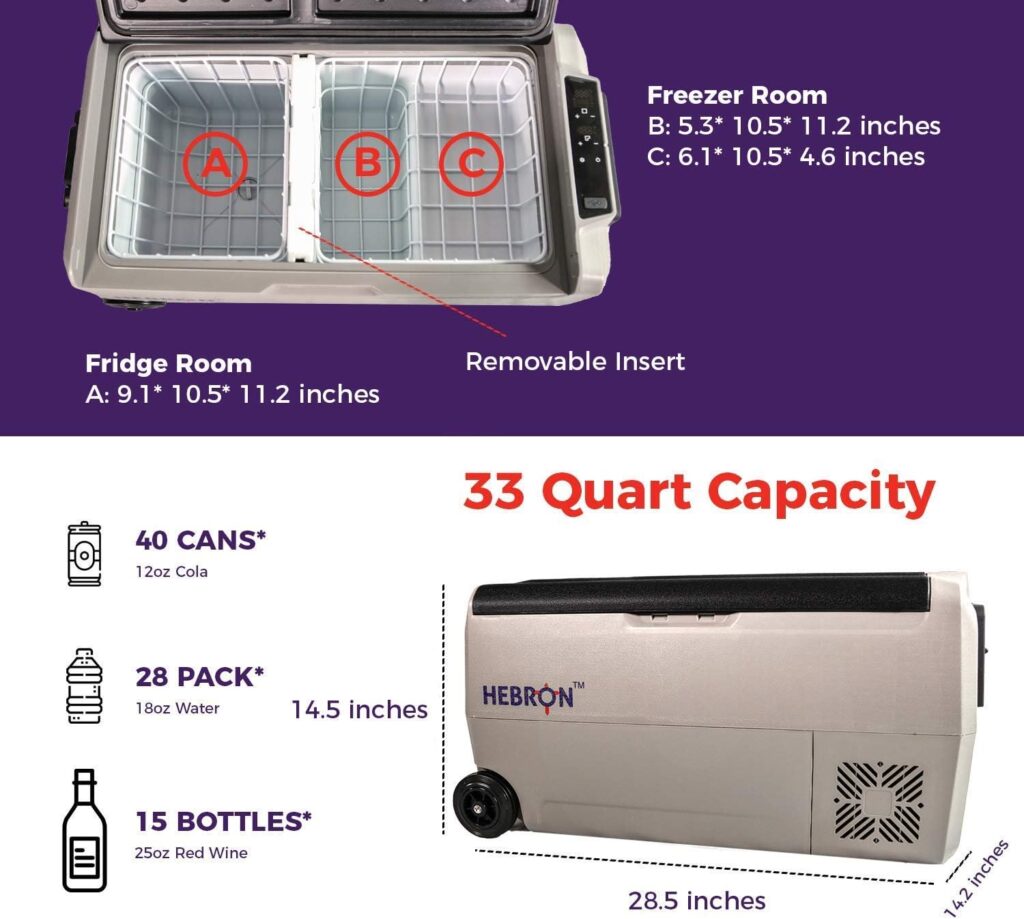 Hebron 33 Quart Dual Zone Portable Refrigerator/Freezer for Camping Fishing and Travel - 12/24 Volt DC Mini Chest Cooler for Vans Campers RVs and Boats