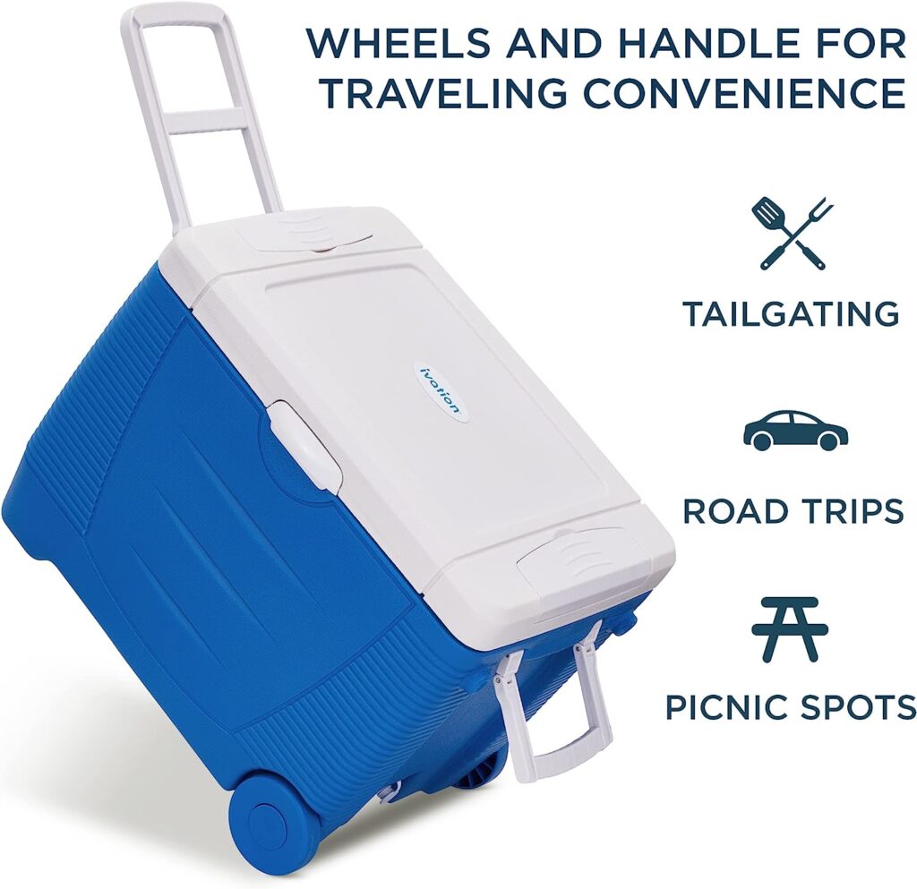 Ivation Electric Cooler  Warmer with Wheels  Handle |50 Quart (48 L) Portable Thermoelectric Fridge For vehicles  Trucks| 110V AC Home Power Cord  12V Car Adapter for Camping, Travel  Picnics