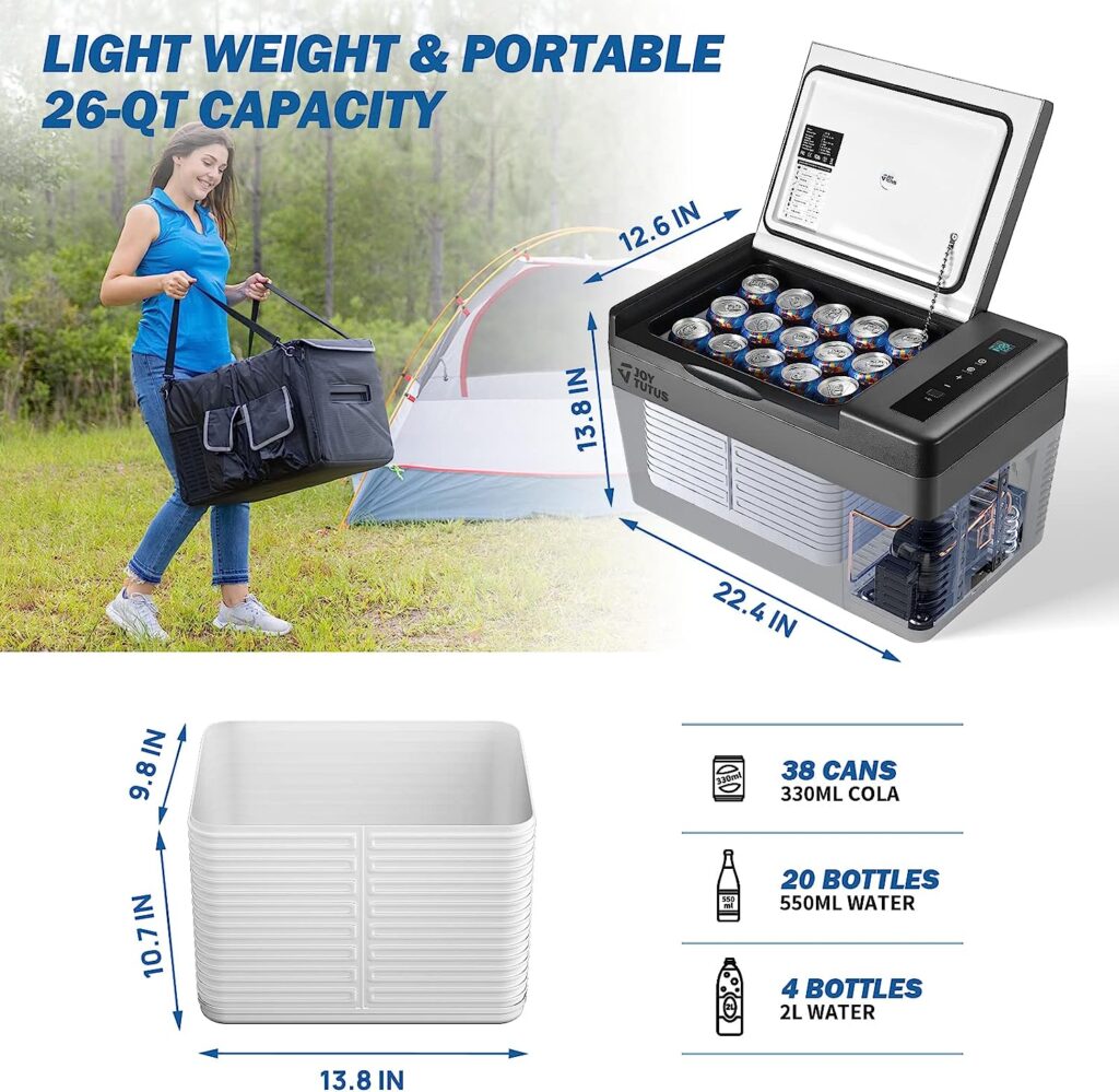 JOYTUTUS 12 Volt Refrigerator, 26 Quart / 25L Portable Refrigerator Freezer, -7.6â to 50â, Car Fridge With 12/24V DC Cord and 110V AC Adapter, Electric Cooler for Camping, Road Trip, RV, Vehicle, Truck, Van, Outdoor and Home