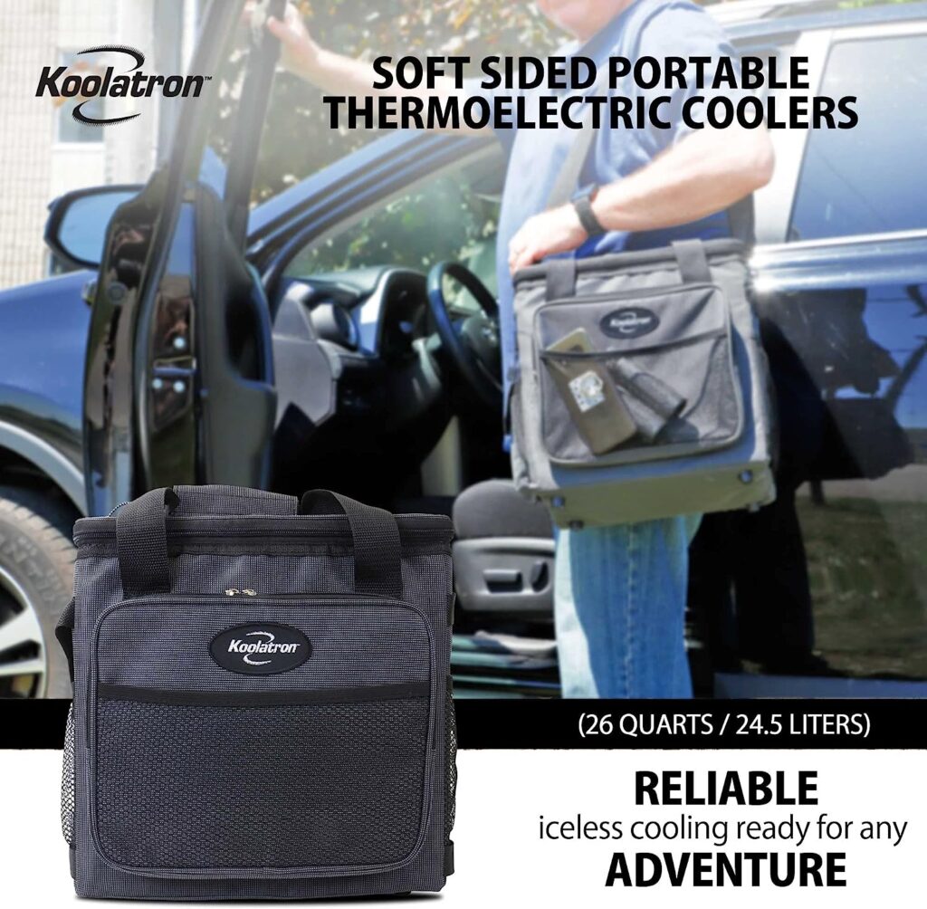 Koolatron Thermoelectric Iceless 12V Cooler Bag, 26 qt (25 L) Black/Gray Soft-Sided Portable Car Fridge w/DC Power Cord, Adjustable Shoulder Strap, Cord Storage, Travel Fishing Trucking Road Trip