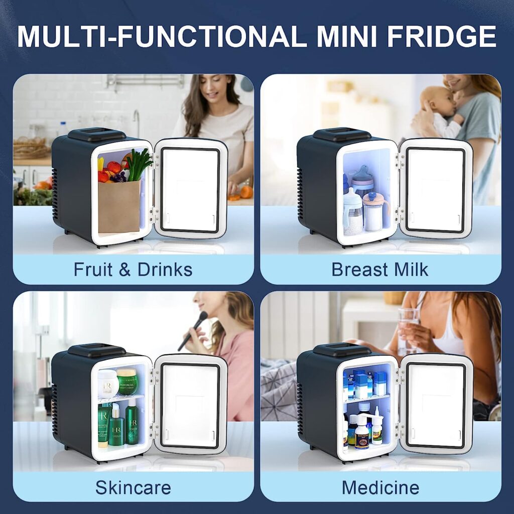 Mini Fridge, 4 Liter/6 Cans Skincare Fridge for Bedroom, 110V AC/12V DC Portable Thermoelectric Cooler and Warmer Small Refrigerators for Beauty  Makeup, Dorm Office and Car, DIY Shelves