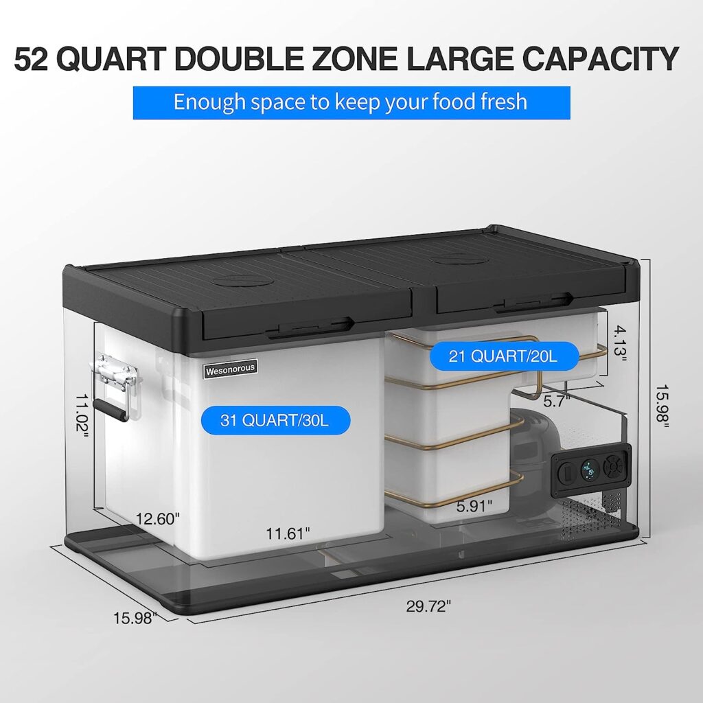 Wesonorous Car Refrigerator, 52Qt Dual Zone Car Freezer, -10â to 55â 12 Volt Refrigerator,12/24V DC  110-240V AC, Car Refrigerator For Car, RV, Camping, Travel, Fishing, USB Charging, Outdoor Use.